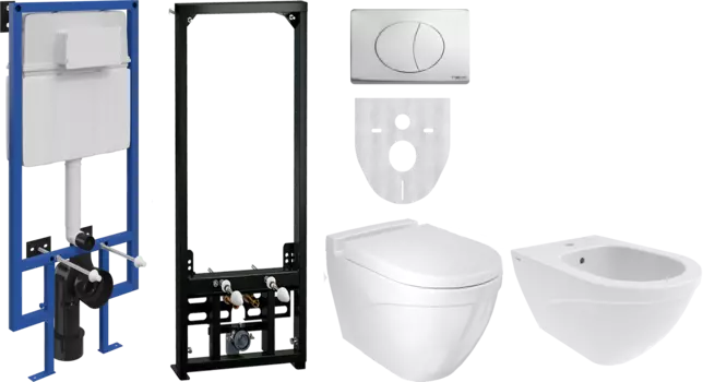 Комплект Унитаз подвесной Bocchi Taormina Arch 1012-001-0129 белый + Крышка-сиденье Bocchi A0302-001 с микролифтом, глянцевая белая + Система инсталляции для унитазов STWORKI 510163 + Кнопка смыва STWORKI 230822 хром глянцевый + Биде подвесное Bocchi Taor