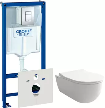 Комплект Унитаз подвесной Bocchi V-Tondo 1416-001-0129 белый глянцевый, тонкая крышка с микролифтом + Система инсталляции для унитазов Grohe Rapid SL 38775001 4 в 1 с кнопкой смыва