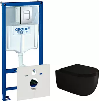 Комплект Унитаз подвесной Bocchi V-Tondo 1416-004-0129 черный матовый, с крышкой A0302-004 с микролифтом + Система инсталляции для унитазов Grohe Rapid SL 38775001 4 в 1 с кнопкой смыва
