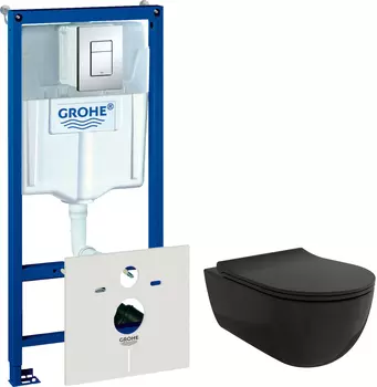 Комплект Унитаз подвесной Bocchi V-Tondo 1416-004-0129 черный матовый, с крышкой A0336-004 с микролифтом + Система инсталляции для унитазов Grohe Rapid SL 38775001 4 в 1 с кнопкой смыва