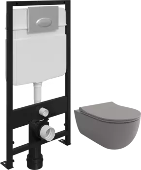 Комплект Унитаз подвесной Bocchi V-Tondo 1416-006-0129 серый матовый, с крышкой A0336-006 с микролифтом + Система инсталляции для унитазов EWRIKA ProLT 0026-2020 с кнопкой смыва 0050 хром матовый