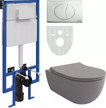 Комплект Унитаз подвесной Bocchi V-Tondo 1416-006-0129 тонкая крышка с микролифтом, серый матовый + Система инсталляции для унитазов STWORKI 510163 + Кнопка смыва STWORKI 230823 хром матовый