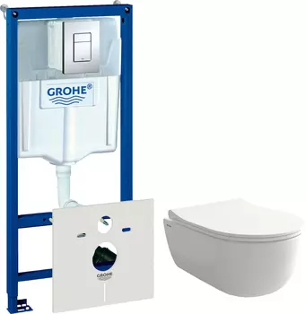 Комплект Унитаз подвесной Bocchi V-Tondo 1417-001-0129 белый глянцевый, тонкая крышка с микролифтом + Система инсталляции для унитазов Grohe Rapid SL 38775001 4 в 1 с кнопкой смыва