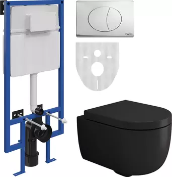 Комплект Унитаз подвесной Bocchi V-Tondo 1417-004-0129 с микролифтом, черный матовый + Система инсталляции для унитазов STWORKI 510163 + Кнопка смыва STWORKI 230823 хром матовый