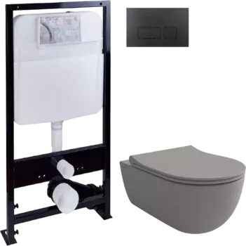 Комплект Унитаз подвесной Bocchi V-Tondo 1417-006-0129 тонкая крышка с микролифтом, серый матовый + Система инсталляции для унитазов EWRIKA ProLT 0026-2020 + Кнопка смыва EWRIKA 0044 черная матовая