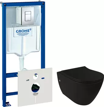 Комплект Унитаз подвесной Bocchi Venezia 1295-004-0129 черный матовый, с крышкой A0336-004 с микролифтом + Система инсталляции для унитазов Grohe Rapid SL 38775001 4 в 1 с кнопкой смыва