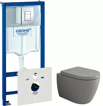 Комплект Унитаз подвесной Bocchi Venezia 1295-006-0129 серый матовый, с крышкой A0302-006 с микролифтом + Система инсталляции для унитазов Grohe Rapid SL 38775001 4 в 1 с кнопкой смыва