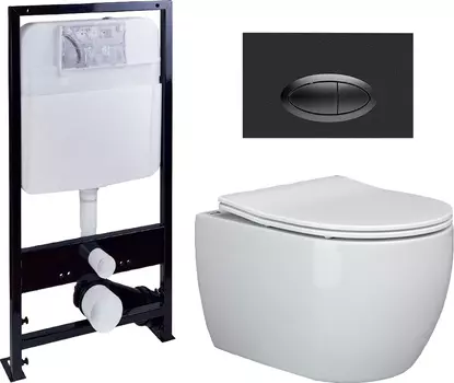 Комплект Унитаз подвесной Ceramica Nova Play CN3001 с микролифтом, безободковый + Система инсталляции EWRIKA ProLT 0026-2020 + Кнопка смыва EWRIKA 0054 черная матовая