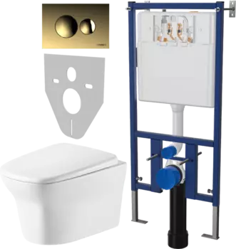 Комплект Унитаз подвесной Cerutti Spa Ami Aria 8780 безободковый, с микролифтом + Система инсталляции для унитазов DIWO 4501 + Кнопка смыва DIWO 7315 золотая