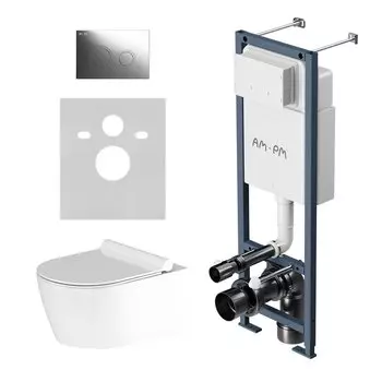 Комплект Унитаз подвесной Damixa Jupiter DX77C1700SC безободковый, с микролифтом + Инсталляция AM.PM ErgoFit I012711.0151 с кнопкой ErgoFit L хром глянец