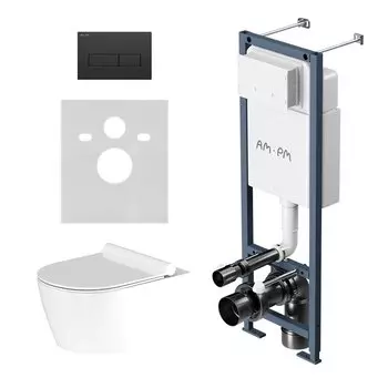 Комплект Унитаз подвесной Damixa Jupiter DX77C1700SC безободковый, с микролифтом + Инсталляция AM.PM ErgoFit I012711.0338 с кнопкой ErgoFit M черная матовая