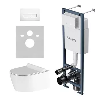 Комплект Унитаз подвесной Damixa Jupiter DX77C1700SC безободковый, с микролифтом + Инсталляция AM.PM ErgoFit I012711.0301 с кнопкой ErgoFit M белый глянец