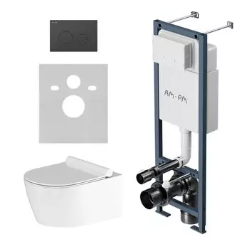 Комплект Унитаз подвесной Damixa Jupiter DX77C1700SC безободковый, с микролифтом + Инсталляция AM.PM ErgoFit I012711.0138 с кнопкой ErgoFit L черная матовая