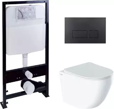 Комплект Унитаз подвесной IDDIS Blanco BLARDSEi25 безободковый, с микролифтом + Система инсталляции EWRIKA ProLT 0026-2020 + Кнопка смыва EWRIKA 0044 черная матовая