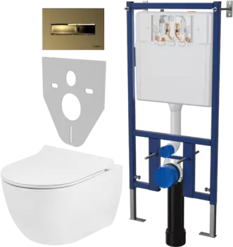 Комплект Унитаз подвесной Seramiksan Hill A031161H безободковый, с микролифтом + Система инсталляции для унитазов DIWO 4501 + Кнопка смыва DIWO 7325 золотая