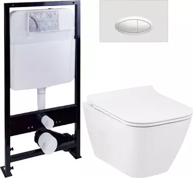 Комплект Унитаз подвесной Seramiksan Saturn Rimout A141151H безободковый, с микролифтом + Система инсталляции для унитазов EWRIKA ProLT 0026-2020 + Кнопка смыва EWRIKA 0052 белая