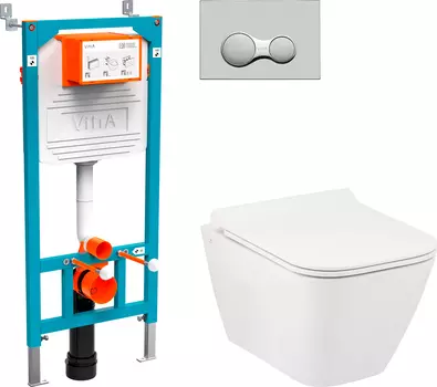 Комплект Унитаз подвесной Seramiksan Saturn Rimout A141151H с микролифтом + Система инсталляции для унитазов VitrA 800-2010 с кнопкой смыва, хром