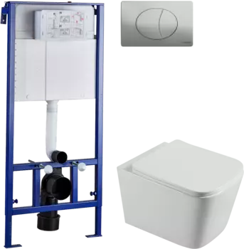 Комплект Унитаз подвесной STWORKI Бурос BU-04up безободковый, с микролифтом + Система инсталляции для унитазов STWORKI 510162 + Кнопка смыва STWORKI 230822 хром глянцевый