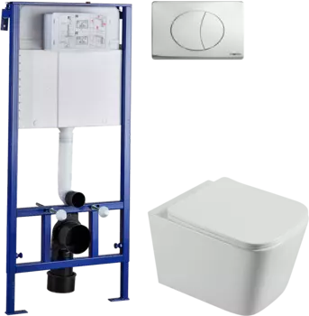 Комплект Унитаз подвесной STWORKI Бурос BU-04up безободковый, с микролифтом + Система инсталляции для унитазов STWORKI 510162 + Кнопка смыва STWORKI 230823 хром матовый