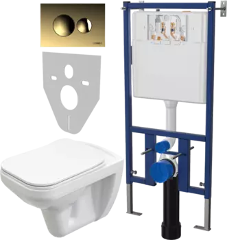 Комплект Унитаз подвесной STWORKI Дублин SETK3504-0605-001-1-6000 с микролифтом + Система инсталляции для унитазов DIWO 4501 + Кнопка смыва DIWO 7315 золотая