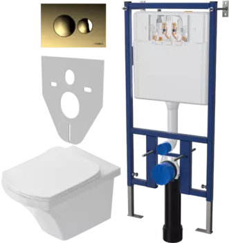 Комплект Унитаз подвесной STWORKI Хальмстад SETK2804-0606-001-1-6000 с микролифтом + Система инсталляции для унитазов DIWO 4501 + Кнопка смыва DIWO 7315 золотая