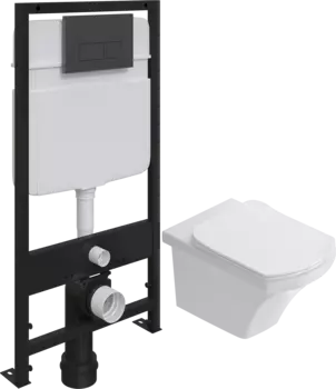 Комплект Унитаз подвесной STWORKI Хальмстад SETK2804-0606-001-1-6000 с микролифтом + Система инсталляции для унитазов EWRIKA ProLT 0026-2020 с кнопкой смыва 0044 черной матовой