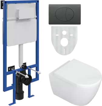 Комплект Унитаз подвесной STWORKI Ларвик 5512 безободковый с микролифтом + Система инсталляции для унитазов STWORKI 510163 с черной матовой кнопкой смыва