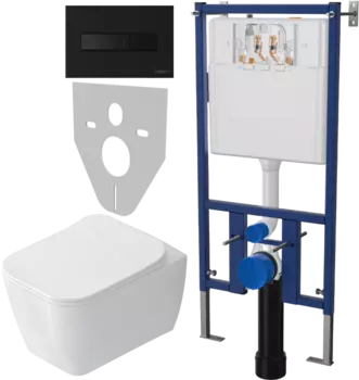 Комплект Унитаз подвесной STWORKI Монтре SETK3204-2616 безободковый, с микролифтом + Система инсталляции для унитазов DIWO 4501 + Кнопка смыва DIWO 7323 черная матовая
