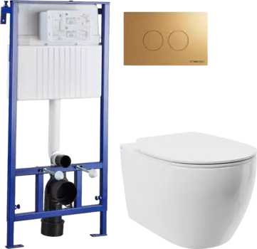 Комплект Унитаз подвесной STWORKI Муле HDC510NWH с микролифтом + Система инсталляции для унитазов STWORKI 510163 + Кнопка смыва STWORKI Хельсинки 500474 золотая матовая