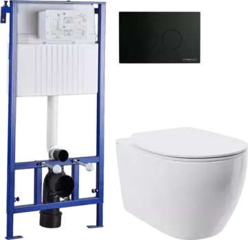 Комплект Унитаз подвесной STWORKI Муле HDC510NWH с микролифтом + Система инсталляции для унитазов STWORKI 510163 + Кнопка смыва STWORKI Хельсинки 500471 черная матовая