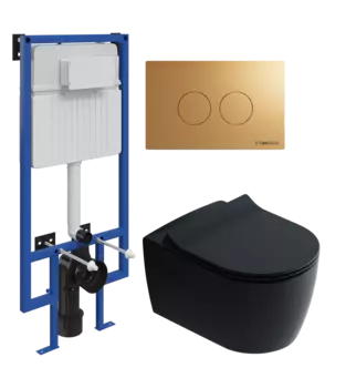 Комплект Унитаз подвесной STWORKI Ноттвиль SETK3104-2616 черный + Инсталляция 510162 + Кнопка Хельсинки 500474 золотая матовая
