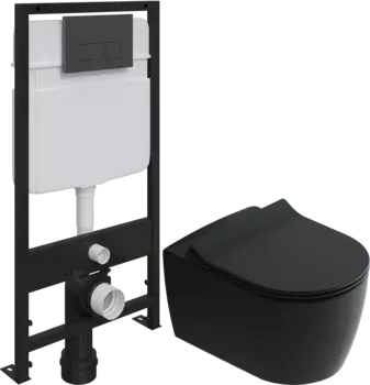 Комплект Унитаз подвесной STWORKI Ноттвиль SETK3104-2616 безободковый, с микролифтом, черный + Система инсталляции EWRIKA ProLT 0026-2020 с кнопкой смыва EWRIKA 0044 черная матовая