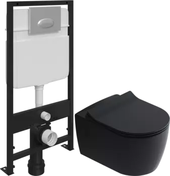 Комплект Унитаз подвесной STWORKI Ноттвиль SETK3104-2616 безободковый, с микролифтом, черный + Система инсталляции EWRIKA ProLT 0026-2020 с кнопкой смыва EWRIKA 0050 хром матовый