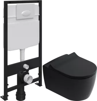 Комплект Унитаз подвесной STWORKI Ноттвиль SETK3104-2616 безободковый, с микролифтом, черный + Система инсталляции EWRIKA ProLT 0026-2020 с кнопкой смыва EWRIKA 0052 белая