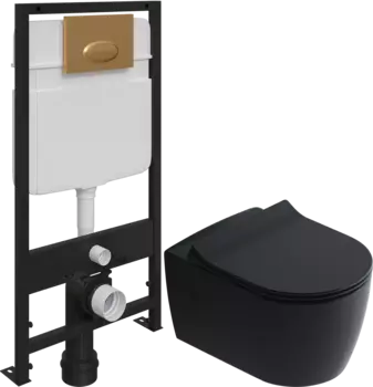 Комплект Унитаз подвесной STWORKI Ноттвиль SETK3104-2616 безободковый, с микролифтом, черный + Система инсталляции EWRIKA ProLT 0026-2020 с кнопкой смыва EWRIKA 0053 золото матовое
