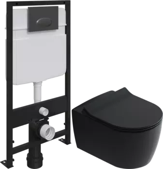Комплект Унитаз подвесной STWORKI Ноттвиль SETK3104-2616 безободковый, с микролифтом, черный + Система инсталляции EWRIKA ProLT 0026-2020 с кнопкой смыва EWRIKA 0054 черная матовая