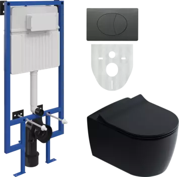 Комплект Унитаз подвесной STWORKI Ноттвиль SETK3104-2616 безободковый, с микролифтом, черный + Система инсталляции STWORKI 510162 + Кнопка смыва STWORKI 230858 черный матовый