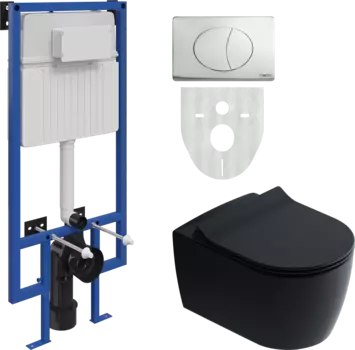 Комплект Унитаз подвесной STWORKI Ноттвиль SETK3104-2616 безободковый, с микролифтом, черный + Система инсталляции STWORKI 510162 + Кнопка смыва STWORKI Хельсинки 230822 хром глянцевый