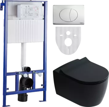 Комплект Унитаз подвесной STWORKI Ноттвиль SETK3104-2616 безободковый, с микролифтом, черный + Система инсталляции STWORKI 510163 + Кнопка смыва STWORKI Хельсинки 230822 хром глянцевый
