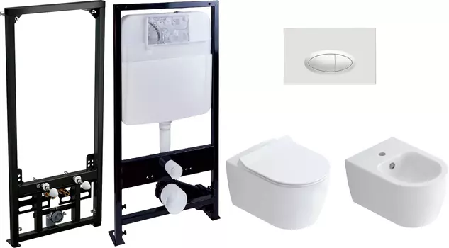 Комплект Унитаз подвесной STWORKI Ноттвиль SETK3104-2616 безободковый, с микролифтом + Инсталляция EWRIKA ProLT 0026-2020 с кнопкой смыва EWRIKA 0052 белая + Биде подвесное STWORKI Ноттвиль + Инсталляция для биде AlcaPlast
