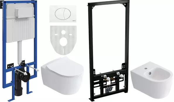 Комплект Унитаз подвесной STWORKI Ноттвиль SETK3104-2616 безободковый, с микролифтом + Инсталляция STWORKI 510162 с белой кнопкой смыва + Биде подвесное STWORKI Ноттвиль + Инсталляция для биде AlcaPlast