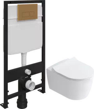 Комплект Унитаз подвесной STWORKI Ноттвиль SETK3104-2616 безободковый, с микролифтом + Система инсталляции для унитазов EWRIKA ProLT 0026-2020 с кнопкой смыва 0043 золото матовое