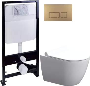 Комплект Унитаз подвесной STWORKI Нюборг HCNBG1700SC безободковый, с микролифтом + Система инсталляции для унитазов EWRIKA ProLT 0026-2020 + Кнопка смыва EWRIKA 0043 золото матовое