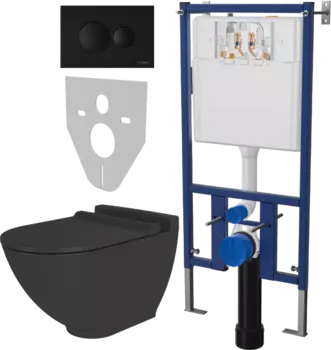 Комплект Унитаз подвесной STWORKI Rotenburg SWH52 безободковый, с микролифтом + Система инсталляции для унитазов DIWO 4501 + Кнопка смыва DIWO 7313 черная матовая