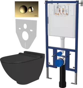 Комплект Унитаз подвесной STWORKI Rotenburg SWH52 безободковый, с микролифтом + Система инсталляции для унитазов DIWO 4501 + Кнопка смыва DIWO 7315 золотая