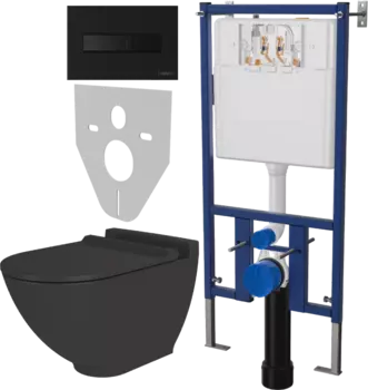 Комплект Унитаз подвесной STWORKI Rotenburg SWH52 безободковый, с микролифтом + Система инсталляции для унитазов DIWO 4501 + Кнопка смыва DIWO 7323 черная матовая