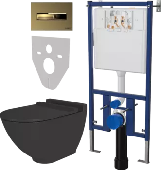Комплект Унитаз подвесной STWORKI Rotenburg SWH52 безободковый, с микролифтом + Система инсталляции для унитазов DIWO 4501 + Кнопка смыва DIWO 7325 золотая
