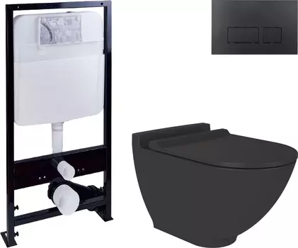 Комплект Унитаз подвесной STWORKI Rotenburg SWH52 безободковый + Система инсталляции EWRIKA ProLT 0026-2020 + Кнопка смыва EWRIKA 0044 черная матовая