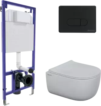 Комплект унитаза Berges Ego Rimless с инсталляцией Novum 525 черный матовый, с сиденьем микролифт и клавишей смыва D5 soft touch черный матовый