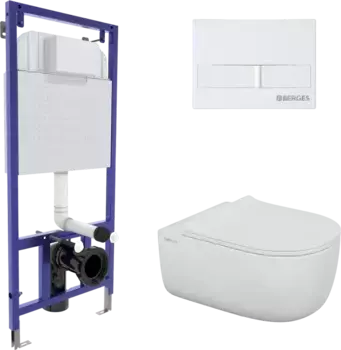 Комплект унитаза Berges EGO XL Rimless с инсталляцией Novum 525 белый, с сиденьем микролифт и клавишей смыва L1 белый
